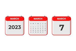 March 2023 calendar design. 7th March 2023 calendar icon for schedule, appointment, important date concept vector