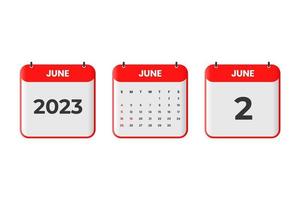 Diseño de calendario de junio de 2023. 2 de junio de 2023 icono de calendario para horario, cita, concepto de fecha importante vector