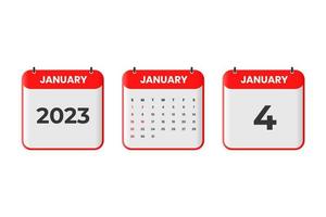 January 2023 calendar design. 4th January 2023 calendar icon for schedule, appointment, important date concept vector