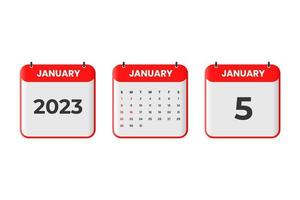 January 2023 calendar design. 5th January 2023 calendar icon for schedule, appointment, important date concept vector