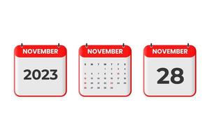 November 2023 calendar design. 28th November 2023 calendar icon for schedule, appointment, important date concept vector