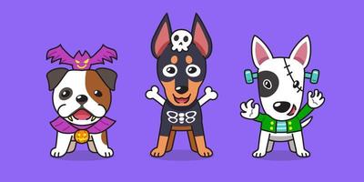 Cartoon happy dogs with halloween costumes for design. vector