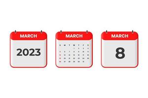 March 2023 calendar design. 8th March 2023 calendar icon for schedule, appointment, important date concept vector