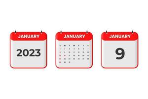 January 2023 calendar design. 9th January 2023 calendar icon for schedule, appointment, important date concept vector