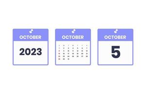 October calendar design. October 5 2023 calendar icon for schedule, appointment, important date concept vector