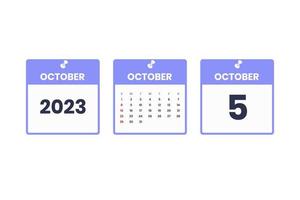 October calendar design. October 5 2023 calendar icon for schedule, appointment, important date concept vector