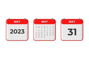 diseño de calendario de mayo de 2023. 31 de mayo de 2023 icono de calendario para horario, cita, concepto de fecha importante vector