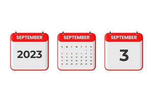 September 2023 calendar design. 3rd September 2023 calendar icon for schedule, appointment, important date concept vector