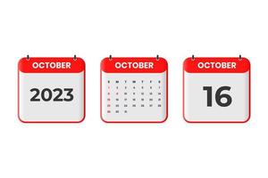 October 2023 calendar design. 16th October 2023 calendar icon for schedule, appointment, important date concept vector