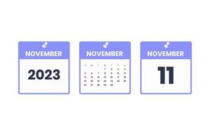 November calendar design. November 11 2023 calendar icon for schedule, appointment, important date concept vector