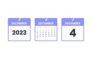 December calendar design. December 4 2023 calendar icon for schedule, appointment, important date concept vector