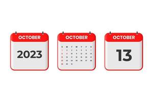 October 2023 calendar design. 13th October 2023 calendar icon for schedule, appointment, important date concept vector