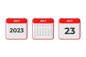 July 2023 calendar design. 23rd July 2023 calendar icon for schedule, appointment, important date concept vector