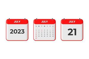 July 2023 calendar design. 21st July 2023 calendar icon for schedule, appointment, important date concept vector