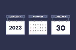 30 January 2023 calendar icon for schedule, appointment, important date concept vector