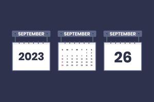 26 de septiembre de 2023 icono de calendario para horario, cita, concepto de fecha importante vector