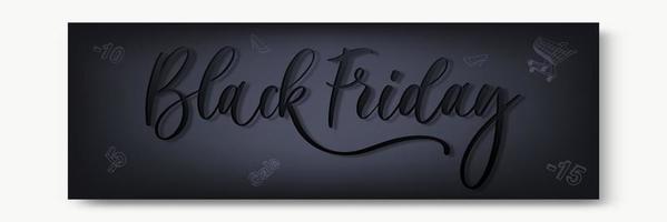 Black Friday Stylish Premium Banner or Header. Modern Reduced Typography Concept. Black on Black with Abstract Decorative Elements, Realistic Shadow and Golden Glitter. vector