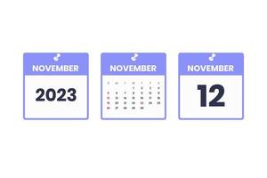 November calendar design. November 12 2023 calendar icon for schedule, appointment, important date concept vector