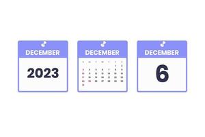 December calendar design. December 6 2023 calendar icon for schedule, appointment, important date concept vector