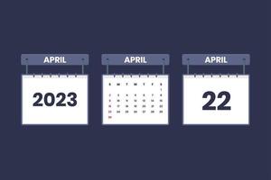 22 April 2023 calendar icon for schedule, appointment, important date concept vector