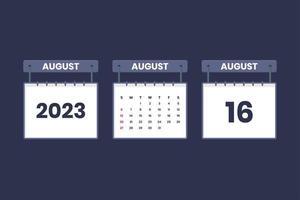 16 de agosto de 2023 icono de calendario para horario, cita, concepto de fecha importante vector