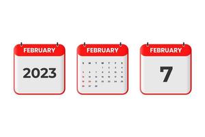 diseño de calendario de febrero de 2023. 7 de febrero de 2023 icono de calendario para horario, cita, concepto de fecha importante vector