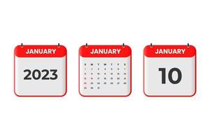 January 2023 calendar design. 10th January 2023 calendar icon for schedule, appointment, important date concept vector