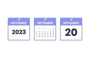 diseño de calendario de septiembre. 20 de septiembre de 2023 icono de calendario para horario, cita, concepto de fecha importante vector