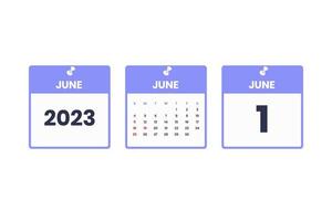 June calendar design. June 1 2023 calendar icon for schedule, appointment, important date concept vector