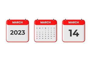 March 2023 calendar design. 14th March 2023 calendar icon for schedule, appointment, important date concept vector