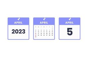 April calendar design. April 5 2023 calendar icon for schedule, appointment, important date concept vector