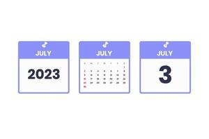 diseño de calendario de julio. 3 de julio de 2023 icono de calendario para horario, cita, concepto de fecha importante vector