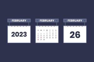 26 February 2023 calendar icon for schedule, appointment, important date concept vector