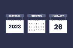 26 February 2023 calendar icon for schedule, appointment, important date concept vector