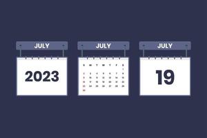 19 de julio de 2023 icono de calendario para horario, cita, concepto de fecha importante vector