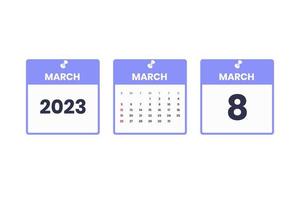 March calendar design. March 8 2023 calendar icon for schedule, appointment, important date concept vector