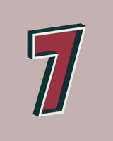 Vector number 7 with 3D effect in retro style. Well red and Deep Teal colors