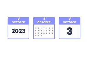 October calendar design. October 3 2023 calendar icon for schedule, appointment, important date concept vector