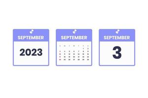 September calendar design. September 3 2023 calendar icon for schedule, appointment, important date concept vector