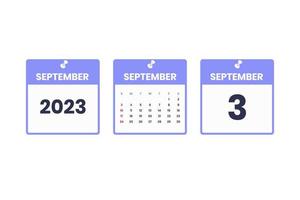 September calendar design. September 3 2023 calendar icon for schedule, appointment, important date concept vector