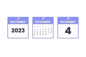 November calendar design. November 4 2023 calendar icon for schedule, appointment, important date concept vector