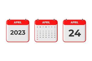 April 2023 calendar design. 24th April 2023 calendar icon for schedule, appointment, important date concept vector