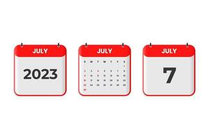 July 2023 calendar design. 7th July 2023 calendar icon for schedule, appointment, important date concept vector