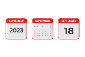 September 2023 calendar design. 18th September 2023 calendar icon for schedule, appointment, important date concept vector
