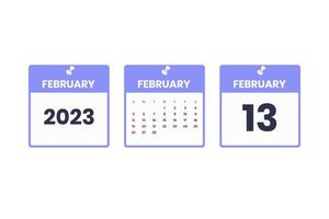 February calendar design. February 13 2023 calendar icon for schedule, appointment, important date concept vector