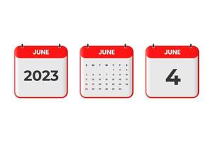 Diseño de calendario de junio de 2023. 4 de junio de 2023 icono de calendario para horario, cita, concepto de fecha importante vector