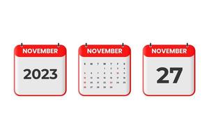 November 2023 calendar design. 27th November 2023 calendar icon for schedule, appointment, important date concept vector