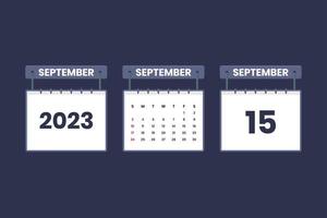 15 de septiembre de 2023 icono de calendario para horario, cita, concepto de fecha importante vector