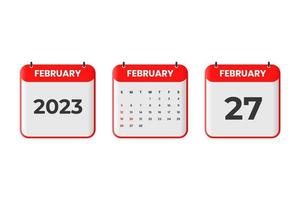 February 2023 calendar design. 27th February 2023 calendar icon for schedule, appointment, important date concept vector