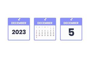 December calendar design. December 5 2023 calendar icon for schedule, appointment, important date concept vector